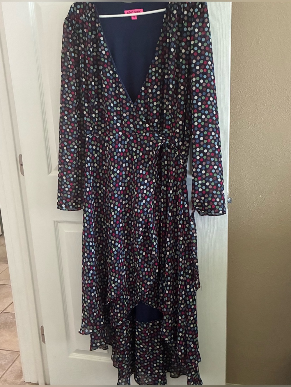 Betsey Johnson Navy Long-sleeve High Low Polka Dot Wrap Dress, Size 14